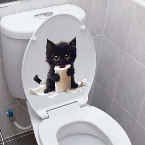 Iprokiu Lustige Katze Badezimmer Toilettensitz Deckel Dekor Niedliche Schwarze Katze WC Aufkleber Wasserdicht Selbstklebend 3D Tier Badezimmer Tür Wand Dekoration (Süße Katze)
