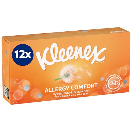 Kleenex Allergy Comfort Kosmetiktücher-Box, Taschentücher für Allergiker, 12 Boxen á 56 Papiertaschentücher, 3-lagig, hypoallergen, Großpackung