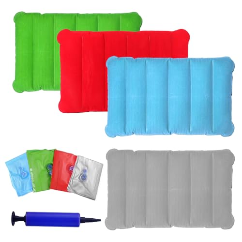 Aufblasbares Kissen, 4 Stück Luftkissen Kopfkissen, Sitzkissen Aufblasbar,Reisekissen für Auto für Camping und Reisen aus Weichem Material Rot, Fruchtgrün, Hellblau, Grau 47 x 30 cm