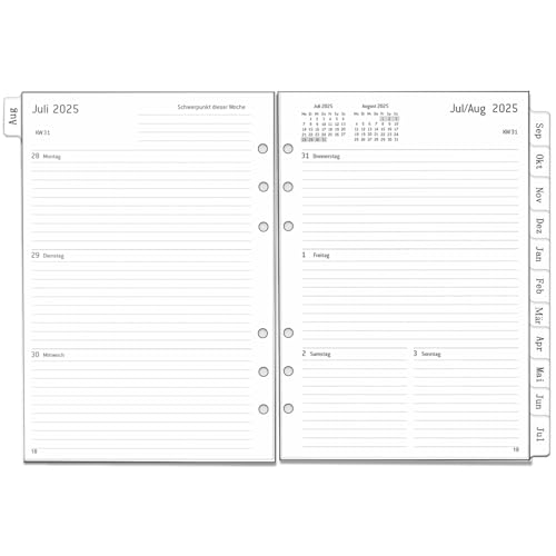 2025 2026 Wochenplaner Einlage A5 6 Löcher, Deutsch, 1 Woche 2 Seiten mit Tabs, Extra Notizen Kontakt, von Aug.25 bis Jul.26, Dicker Papier, 100 gsm, Nachfüllpapier für Kalender 2025 2026 Planer
