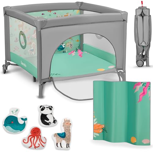 LIONELO MILLE 2-in-1 Baby-Reisebett und Laufstall 100x100 cm bis 15 kg 0-36 Monate Seitlicher Eingang mit Reißverschluss Kinderreisebett mit Matratze Räder mit Bremse einfaches Zusammenklappen