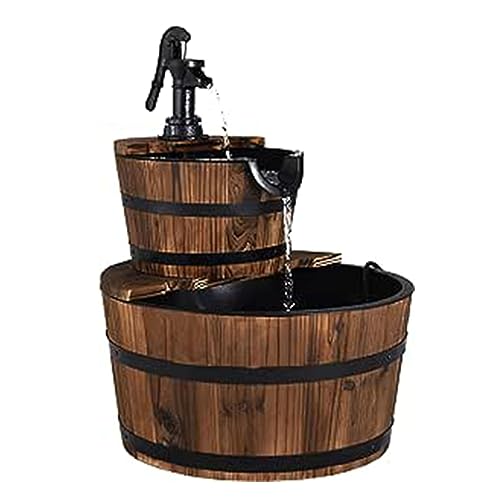 GOPLUS Holzfass-Brunnen mit Hochleistungspumpe, Springbrunnen aus Tannenholz, Wasserspiel im Freien für Garten, Terrasse,Rasen, Geschlossener Wasserkreislauf, 44,5 x 44,5 x 61cm (L x B x H)