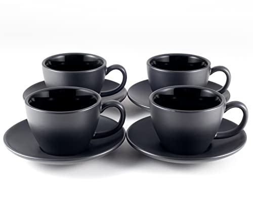 Hanseküche Cappuccino Tassen 4er Set (180 ml) aus Steingut - Hochwertige und dickwandige Kaffeetassen mit Untertassen (Schwarz)