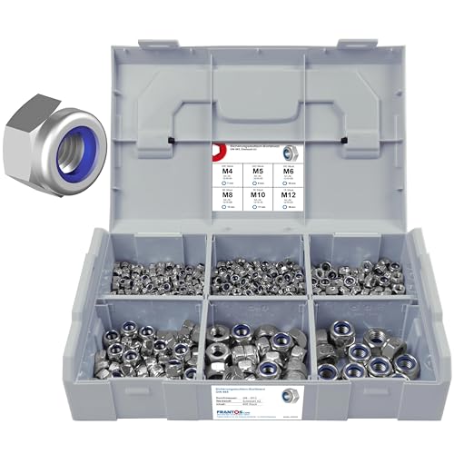 FRANTOS L-BOXX Mini DIN 985 Sicherungsmuttern Sortiment, M4 bis M12 605 tlg. (Edelstahl A2) - selbstsicherende Sechskant Muttern Schraubenmuttern Set