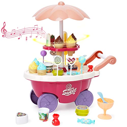 Eiscreme-Spielzeug 36 Stück Kinder Eiscreme Eisverkauf Spielset-Set Süßigkeitenwagen mit Süßigkeiten, Lutscher, Schokolade, großer Stauraum, Musik, Rollenspiel Geschenk für Kinder Mädchen ab 3 Jahre