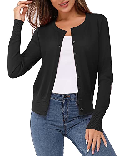 VOTEPRETTY Strickjacke Schwarz Damen Kurz Sommer Cardigan Leicht Langarm Jersey Strickmantel Herbst