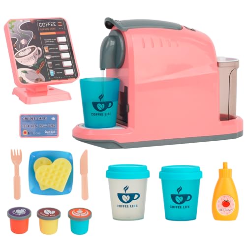 Spielzeug Kasse & Kaffeemaschine Kinder,Kaufladen Zubehör/Küchenzubehör Set,Kindergeschirr Spielküche,Kaffeemaschine Spielzeug,Küchenspielzeug Kaffeeservice für Mädchen und Jungen ab 3 Jahre (Rosa)