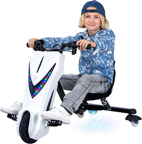 Actionbikes Motors Kinder Elektro Driftscooter | ??? Watt Motor - Drift Cart 360°- 3 Geschwindigkeitsstufen - LED-Beleuchtung - Sitz verstellbar - Bluetooth - Drift Kart - Drift Auto (Weiß Matt)