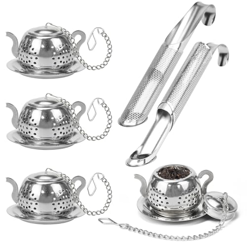 REFORUNG 6 Stücks Teesieb Für Losen Tee Teesieb Teeei aus 304 Edelstahl Teefilter Tasse 4 Teeei Für Losen Tee mit Ketten und Teeauflage 2 Feinmaschig Teestab Tee-Sieb, Ideal Geschenk für Teeliebhaber