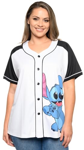 Disney Mickey Mouse Stitch Damen Jersey Shirt Knopfleiste vorne, Weiß - Stitch, Groß