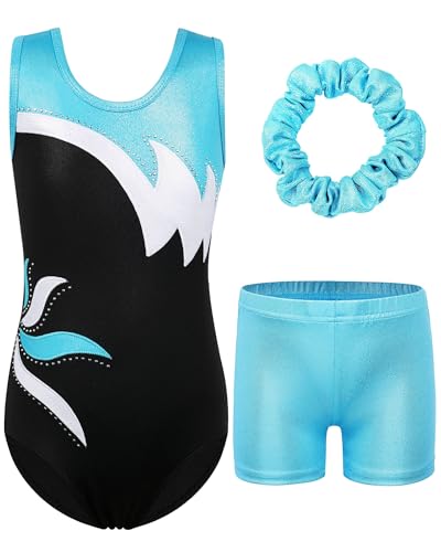 ZNYUNE Mädchen Turnanzug mit Hose Haarband Set Gymnastikanzug Kinder Shorts Trikot Turnen Ärmellos/Langarm Kleidung klassisch Turnbody B208 BlackAqua 14A