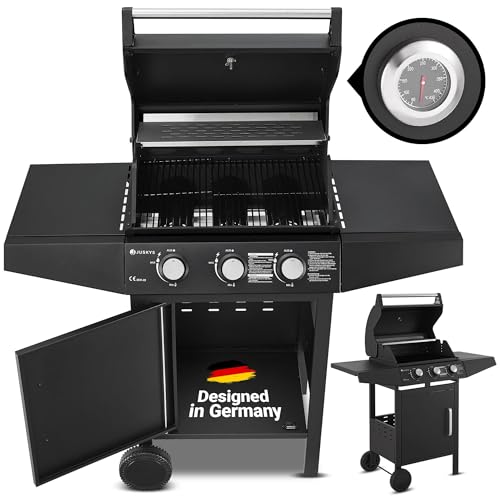 Juskys BBQ Gasgrill Louisiana 3 Brenner 8,1 kW - Gas Grillwagen inkl. Grillrost, Deckel - Grill mit Thermometer, Warmhalterost, Seitenablagen & Plane