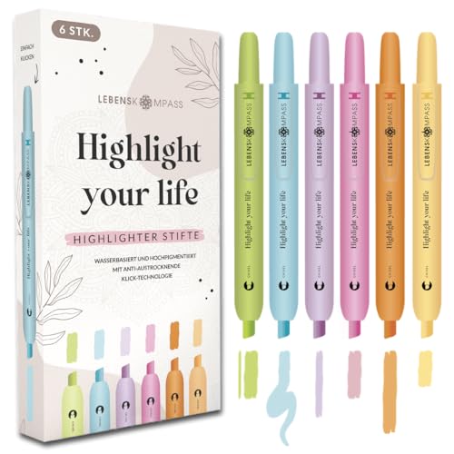 LEBENSKOMPASS Textmarker Set mit Klick-Technologie - Highlighter Pen Set mit 6 leuchtenden Farben - Pastell Textmarker mit Klick-Technologie - perfekte Marker für Bücher, Lernen & Bullet Journal