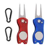 Golf Zubehör,Pitchgabel Golf Switchblade,Edelstahl Golf Divot Multifunktion Tool,2PC Klappbare Pitch Gabel mit Karabiner zum Ausbessern von Auf Dem Tool für Golf Club-Sport Freien (Rot,Blau)