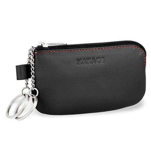 MANAGE Leder Schlüsseletui Schwarz mit Münzfach und Schlüsselring - Schlüsselmäppchen mit Reißverschluss Damen und Herren für Schlüssel Autoschlüssel - keychain Schlüsseltasche Schwarz-Rot