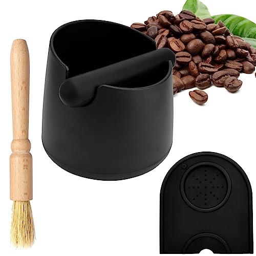 Abklopfbehälter für Siebträger und Kaffee Tamper Matte Silikon mit Reinigungsbürste Knock Box Espresso Abschlagbox mit Abnehmbarer Klopfstange Tampermatte Zubehör Zum Kaffeesatz Sammeln & Recyceln