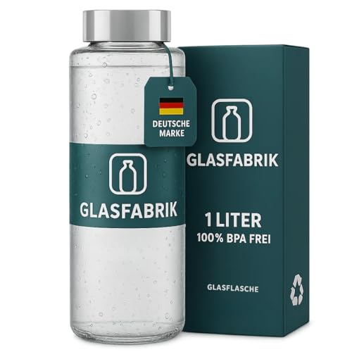 GLASFABRIK® Glasflasche 1 Liter | BPA-freie 1 Liter Trinkflasche mit Edelstahldeckel | Glas Wasserflasche 1 Liter für Sport, Büro & Alltag | auslaufsicher & geschmacksneutral