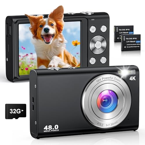 4K Digitalkamera 48MP Autofokus Kamera Fotokamera 32GB Karte, 16X Digitalzoom, 2,8" LCD Bildschirm, Kompaktkamera Fotoapparat mit 2 Akkus für Anfänger