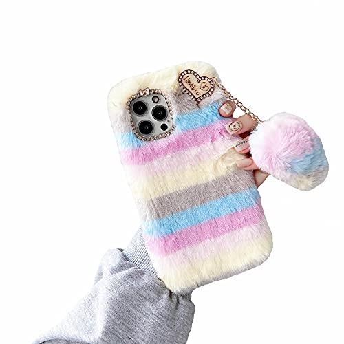 Tivenfezk Nadoli für Samsung Galaxy S23 FE Fluffy Furry Case,Stilvoll Regenbogenfarben Entwurf Glitzer Diamant Plüsch Weich Silikon Stoßfest Handyhülle Schutzhülle mit Herz Form Anhänger