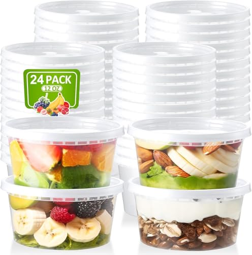 LATERN 24 Stück Kunststoffbehälter mit Deckel, 360ml /12oz Wiederverwendbare Aufbewahrungsbecher für Lebensmittel Auslaufsicher Vorratsbehälter für Suppen Deli-Cups zum Essenszubereitung