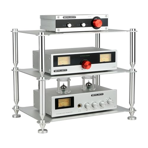 Audiokomponenten-HiFi-Rack - Hochbelastbarer Aluminiumrahmen & solide Aluminiumsäulen, Audio-Ständer-Rack für HIFI-Verstärker/DACs/Vorverstärker, kompakter Desktop-Organizer für Home-Audio-Systeme