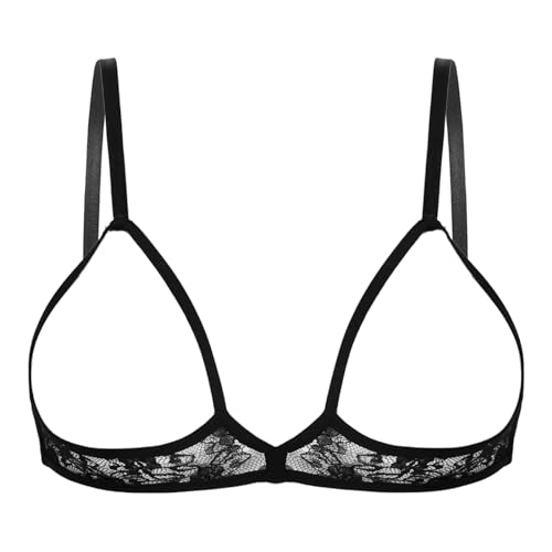 Freebily Damen Hebe BH Offene Brüste Sexy Spitze BH Bralette Push Up Sexy Transparent Busenfreie Reizwäsche Dessous Oberteil Schwarz L