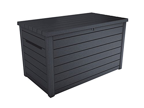 Koll Living Auflagenbox/Kissenbox Goliath XXL 870 Liter Farbe : Graphit l 100% Wasserdicht l mit Belüftung dadurch kein übler Geruch/Schimmel l Moderne Holzoptik l Deckel belastbar bis 50 KG