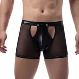 Risipu Sexy Unterwäsche für Mann männer, Offene Erotisch Herren-Boxershorts Transparenter Mesh-Slip Aus Kunstleder mit Knöpfen (DE/NL/SE/PL, Numerisch, 44, 46, Regular, Regular, Schwarz)