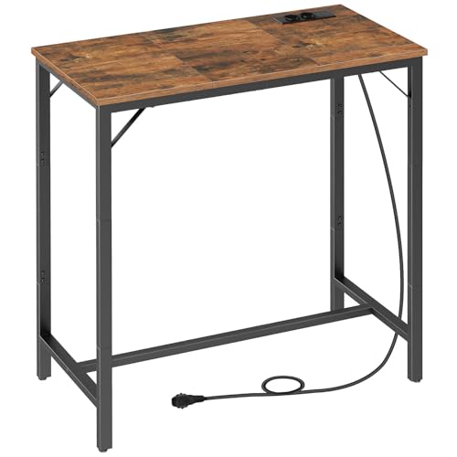HOOBRO Bartisch mit Ladestation, Küchentisch, rechteckiger Stehtisch, untere Querstrebe, dreieckige Stützstruktur, Langer schmaler Bartisch, Vintage-Stil, rustikales Braun EBF90CBT01