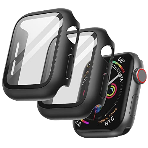 JETech Hülle mit Displayschutz Kompatibel mit Apple Watch SE (2022/2020) /Series 6 5 4 44 mm, Gesamt Schutzhülle, Eingebaut Gehärtetes Glas Schutzfolie Hoch Empfindlichkeit, 2 Stück (Schwarz)