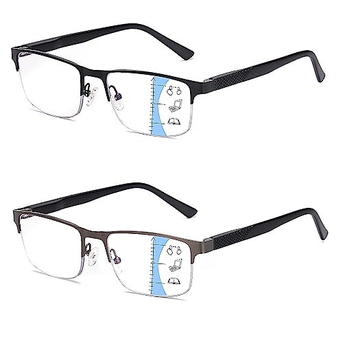 Missfive 2 Pack Gleitsichtbrille Herren Gleitsicht Lesebrille Metall Multifokale Blaulichtfilter Halbrahmen Nahkomfort-Brillen Mit Federscharniere (Schwarz&Gunmetal, Nähe-Mittlere Entfernung, 2.0x)