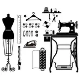PLIGREAT 2 Blätter Nähen Wand Fenster Aufkleber, Nähen Shop Dekor mit Nähmaschine Schere, Handgemachte Aufkleber für Schneider Studio Kleidung Shop Home Decor
