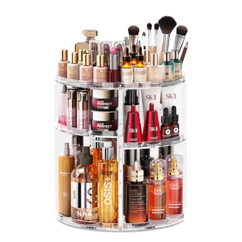 Auxmir Make Up Kosmetik Organizer, 360° Drehbar Aufbewahrung, Schmink Organizers für Dresser Schminktisch Skincare Aufbewahrungssystem, Transparent