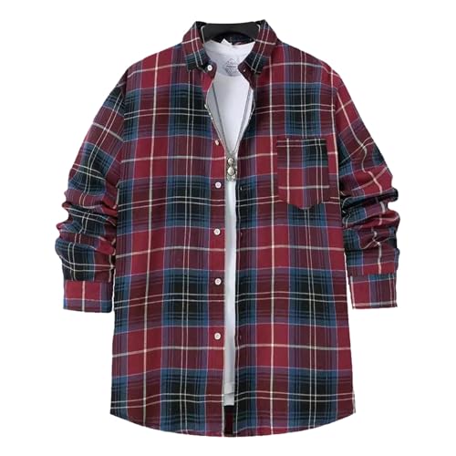 Generisch Herren Hemd - Slim-fit - Langarm-Hemd Freizeithemd Kariert Vintage Langarm Druckknöpfe Baumwolle Freizeithemden Hemd Herren Weiß Blickdicht Business Casual Pendler