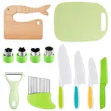 Firtink Kindermesser 12er Set, Kinder Küchenmesser aus Holz zum Kochen und Schneiden, Küchenmesser für Kleinkinder Einschließen Wellenschneider Schneidebrett Ausstechformen und Y Schäler