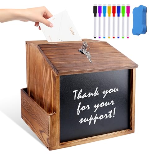 Holz Vorschlagsbox, Spendenbox Abschließbar Mit 8-Farben-Tafelstift und nichtmagnetischem Tafelwischer, Kummerkasten für Schule, Büro, Krankenhaus, Vorschlag, Spende, Stimmzettel(21 * 20 * 16.5cm)