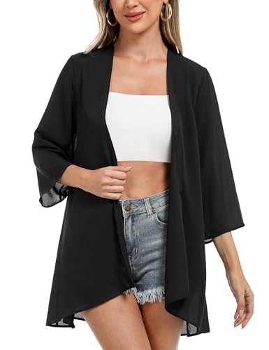 Irevial Damen Kimono Cardigan Chiffon Strand Cover Up Elegante Leichte Sommerjacke für Freizeit Ferien, Einfarbig-Schwarz, L