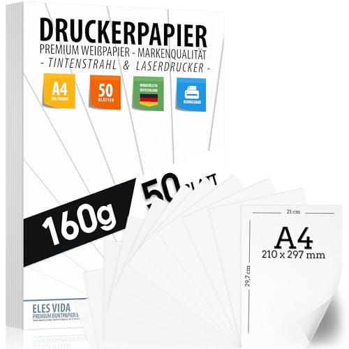 50 BLATT Weißes Druckerpapier A4 160g weiß – PREMIUM PAPIER Reinweiß - DIN A4-21 x 29,7 cm - Zeichenpapier dick,unbedruckt für Uni, Fotografie, Präsentationen, Basteln, hochwertiges Bewerbungspapier