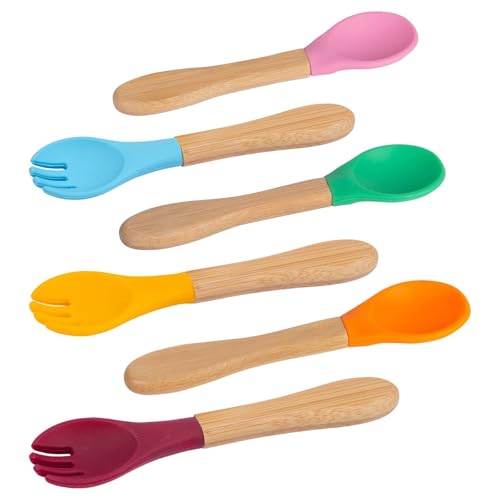 6pc Mehrfarben Bambus-Baby-Entwöhnungsgabeln mit Silikonspitze Set - Klein Kleinkind Kinder Erste Selbstfütterung Essen Besteck Utensilien - Von Tiny Dining