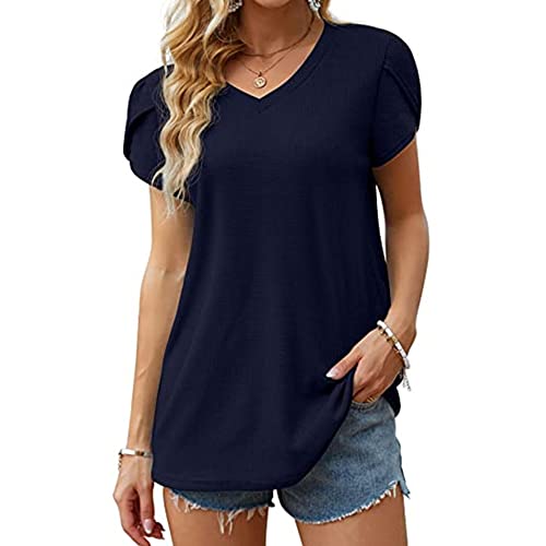 Damen V-Ausschnitt Petal Ärmel Tunika Tops Kurzärmelige Sommer Casual Tshirts Solide Farbe Lose Bequeme Tee-Shirts (Dunkelblau,XXL)