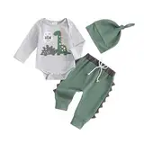 Hello Im New Here Neugeborene Baby Junge Kleidung Set Dinosaurier Druck Langarm Body und Hose Baumwolle Babykleidung Set Herbst Winter Bekleidungssets für Baby Jungen Outfits (Grau, 0-3 Monate)