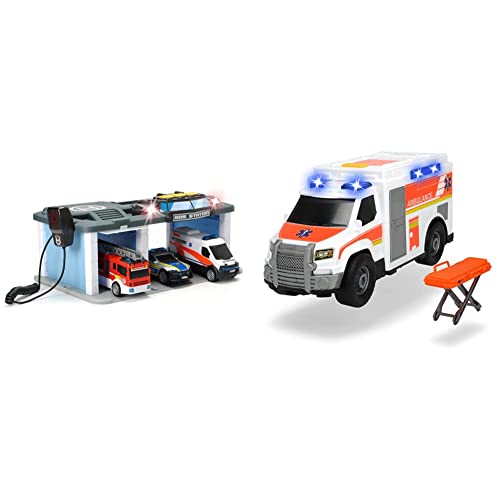 Dickie Toys - Rescue Center – Rettungsstation mit Funkgerät, Polizei, Krankenwagen, Feuerwehr & Medical Responder – 30 cm großer Rettungswagen mit Trage, Licht und Sound, Heckklappe zum Öffnen