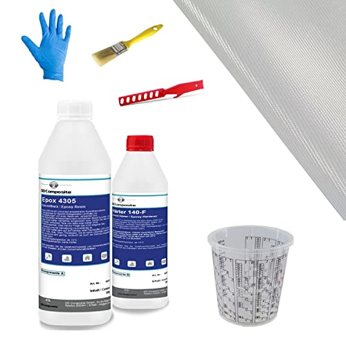 DD Composite Reparatur-Set Auto,Boot und Motorrad 700g Epoxidharz mit Härter 1m² Glasfilamentgewebe Handschuhe Pinsel Rührstab Mischbecher