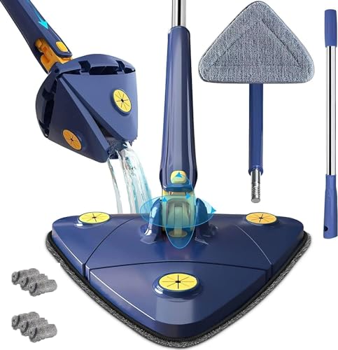Mop Telescopic Triangle 360 Degree Rotating Adjustable Triangle Cleaning Mop, with 6 Replacement Heads Microfibre Mop, Rotating Adjustable Cleaning Mop, Reusable Spin Mop (dreieckiger Mopp)