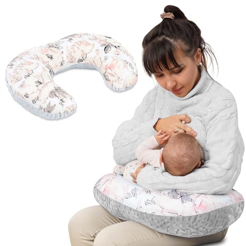 Totsy Baby Stillkissen klein Minky 130 x 45 cm - Stillhörnchen kleines Still Kissen Nursing Breastfeeding Pillow für unterwegs Wilde Rose Grau