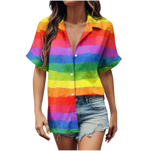 yiouyisheng Hemdbluse Damen Regenbogen Streifen Grafik Hemd Kurzarm Hawaii Hemd Damen Button Down Shirt Sommerhemd Locker Lässig Strandhemd Freizeithemd Hawaiihemd Bluse Party Oberteile Hemden