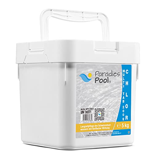 Paradies Pool Multi Tabs 200 g 5 kg, 4 in 1 Multi Tabletten mit Chlor, Algenschutz, Flockungsmittel, pH Stabilisator, zur Wasserbehandlung, Inhalt: 1 kg