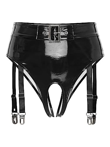 TiaoBug Damen Lack Leder Hot Pants High Waist Ouvert-Slip Bikini Hose Hipster Mini Slip mit Rüschen mit Strumpfhalter Gothic GoGo Outfits Kostüm Schwarz Brasilien L