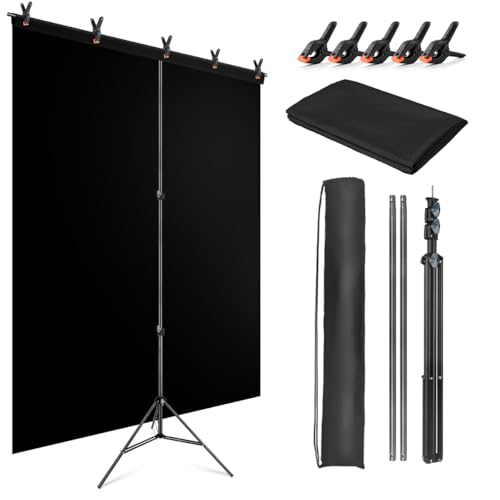 JEBUTU Hintergrund Ständer 1,5 x 2m, Verstellbarer Foto Hintergrund Ständer, Fotohintergrund Schwarz 1,5 x 2m mit 5 Klemme & Tragetasche für Streaming Gaming Fotoshooting Produkt Video Fotografie