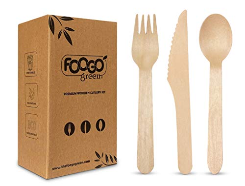 FOOGO Green 300-teiliges Einweg-Holzbesteck-Set, 50x Gabeln, 50x Löffel, 50x Messer, 16 cm, biologisch abbaubar, kompostierbar, umweltfreundliches Besteckset, Party-Picknick
